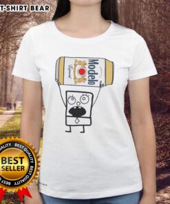 Doodlebob holding a Modelo Especial beer can, featured on a stylish ladies tee, perfect for casual outings.