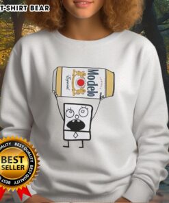 Alt Text: Doodlebob wearing a Modelo Especial beer can sweatshirt, showcasing a fun and unique cartoon-inspired design.