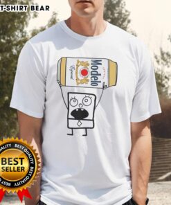 Alt Text: Top Doodlebob holding a Modelo Especial beer can on a stylish t-shirt, perfect for fans of fun graphic apparel.
