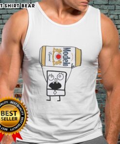 Alt Text: Top Doodlebob wearing a tank top, holding a Modelo Especial beer can in a vibrant, playful setting.