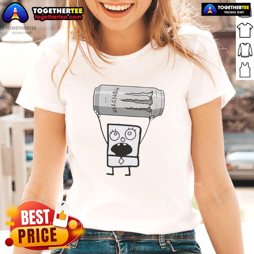 Top Doodlebob Holding Monster Energy Ultra Can Ladies Tee Alt Text: Doodlebob holding a Monster Energy Ultra can, featured on a stylish ladies tee design. Perfect for fans and energy drink lovers!