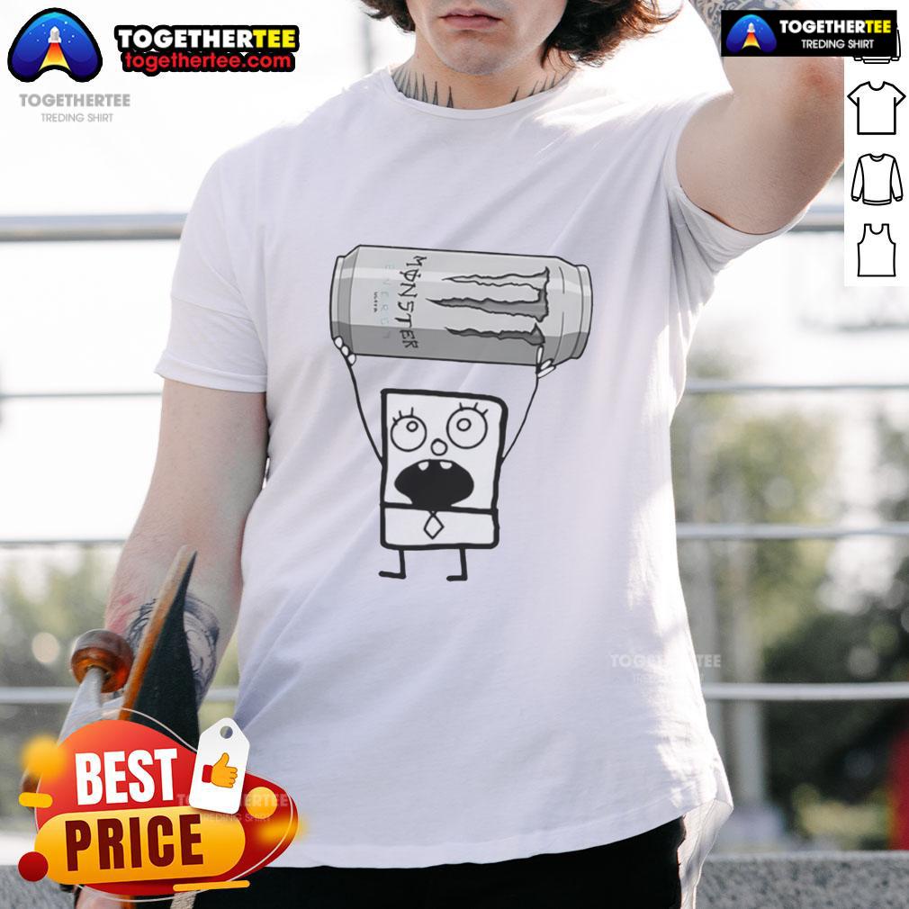 Top Doodlebob Holding Monster Energy Ultra Can T Shirt Alt Text: Top Doodlebob holding a Monster Energy Ultra can on a trendy graphic t-shirt for fans of unique apparel.