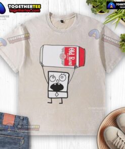 Doodlebob holding an Old Row beer can, wearing a washed t-shirt, showcasing a fun and playful vibe.