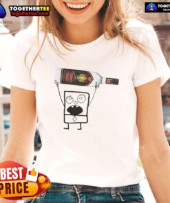 Top Doodlebob holding Rumple Minze peppermint schnapps can on ladies tee, perfect for festive celebrations.