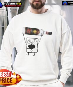 Top Doodlebob holding Rumple Minze peppermint schnapps can, wearing a stylish sweatshirt, perfect for winter parties.