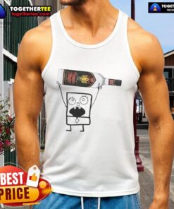 Alt Text: Doodlebob wearing a tank top holding a Rumple Minze Peppermint Schnapps can, showcasing fun party vibes.