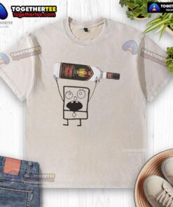 Alt Text: Doodlebob holding a can of Rumple Minze Peppermint Schnapps while wearing a washed T-shirt, showcasing a fun vibe.