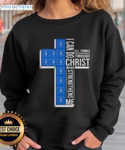 Alt Text: Top Duke Blue Devils women's basketball sweatshirt featuring 'I Can Do All Things Through Christ Who Strengthens Me' design.