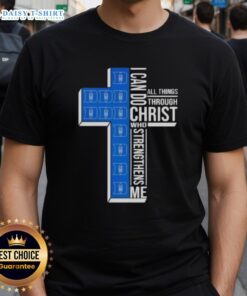 Top Duke Blue Devils Women's Basketball Cross T-Shirt featuring 'I Can Do All Things Through Christ Who Strengthens Me' design.