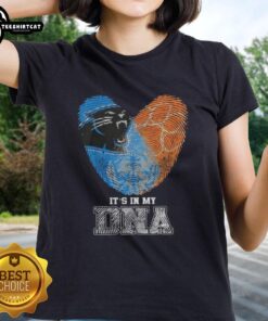 Carolina Panthers x Clemson Tigers ladies tee featuring 'It's In My DNA' design and vibrant fingerprint graphics.