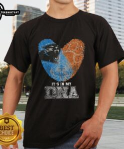 Alt Text: Top Fingerprints Carolina Panthers X Clemson Tigers T-Shirt, 'Its In My DNA' design showcasing team pride.