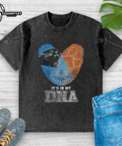 Alt Text: Carolina Panthers x Clemson Tigers 'It's In My DNA' washed t-shirt showcasing vibrant team colors and unique fingerprint design.