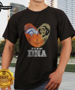 Top Fingerprints Denver Broncos X Colorado Buffaloes T-Shirt showcasing 'It's In My DNA' design for fans and supporters.