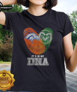 Denver Broncos and Colorado State Rams women's tee featuring 'It's In My DNA' with stylish fingerprints design.