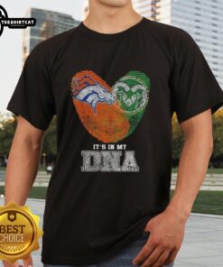 Alt Text: Top Fingerprints Denver Broncos X Colorado State Rams 'It's In My DNA' T-Shirt featuring team logos and vibrant colors.