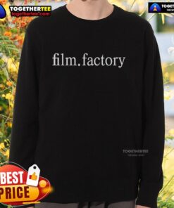 Gael Garcia Bernal wearing a Film Factory sweatshirt, showcasing his casual style at a film event.