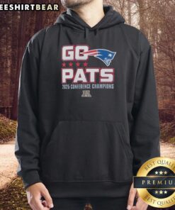 Alt Text: New England Patriots hoodie celebrating the 2025 AFC Conference Champions with team logo and vibrant colors.
