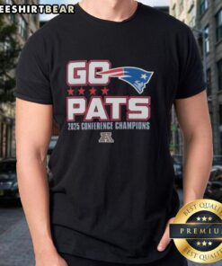 Alt Text: Top Go Pats 2025 AFC Conference Champions New England Patriots T-Shirt featuring bold team graphics.