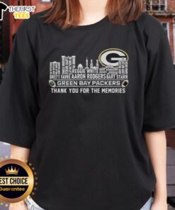 Alt Text: Green Bay Packers 'Thank You For The Memories' ladies tee featuring a city skyline design, perfect for fans.