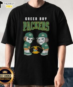 Alt Text: Top Green Bay Packers X Michael Myers and Billy The Puppet graphic t-shirt featuring iconic horror elements.