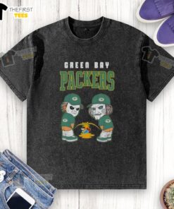 Alt Text: Top Green Bay Packers X Michael Myers and Billy the Puppet graphic on a washed t-shirt, perfect for fans and horror lovers.