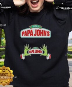 Cozy 'Top Grinch Hands Love Pizza' sweatshirt from Papa John's, perfect for a Merry Christmas celebration.