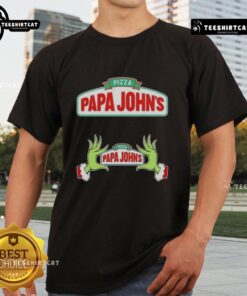 Top Grinch hands holding pizza slice on Papa Johns Merry Christmas T-shirt, perfect for festive holiday celebrations.