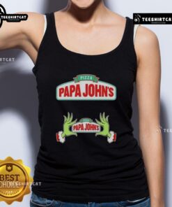Top Grinch hands loving pizza in a Papa John's Merry Christmas tank top, perfect for festive holiday celebrations.