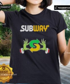 Top Grinch hands holding a heart on a Merry Christmas ladies tee, perfect for holiday spirit and festive style.