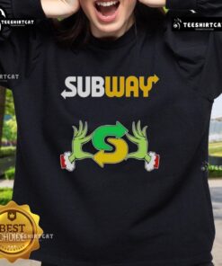 Alt Text: Top Grinch hands love subway Merry Christmas sweatshirt featuring festive design and vibrant colors for holiday spirit.