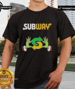 Top Grinch Hands Love Subway Merry Christmas T-Shirt featuring festive design with Grinch holding a heart and subway theme.