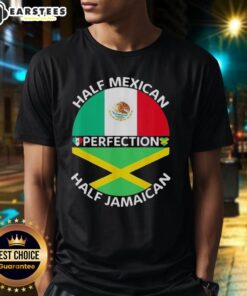 Top half Mexican, bottom half Jamaican flag mashup T-shirt design showcasing vibrant colors and cultural pride.