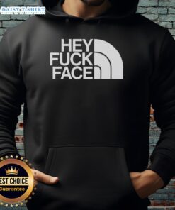 Trendy Top Hey Fuck Face Hoodie in black, showcasing bold graphic design, perfect for casual streetwear style.
