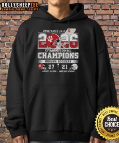Top Hoosiers Indiana CFP National Champions 2026 Undefeated Final Score helmet hoodie displayed on a hanger.