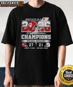 Alt Text: Top Hoosiers Indiana CFP National Champions 2026 Undefeated Final Score Helmet T-Shirt design featuring team colors.