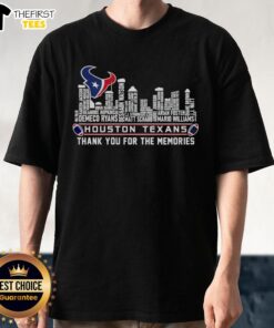 Top Houston Texans Thank You For The Memories City Skyline T-Shirt featuring iconic Houston skyline and team colors.