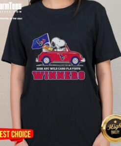 Alt Text: Top Houston Texans X Snoopy driving car, celebrating 2026 AFC Wild Card Playoffs winners on ladies tee shirt.