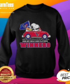 Top Houston Texans X Snoopy driving car sweatshirt celebrating 2026 AFC Wild Card Playoffs winners in vibrant colors.
