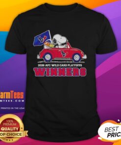 Alt Text: Top Houston Texans X Snoopy Driving Car T-Shirt celebrating 2026 AFC Wild Card Playoffs winners.
