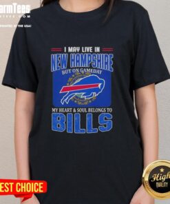Buffalo Bills football flag on a ladies tee, showcasing pride for the team despite living in New Hampshire.