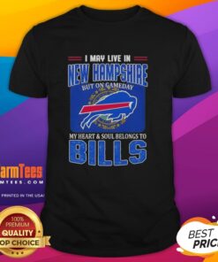 Buffalo Bills football flag t-shirt: New Hampshire fan shows team spirit on game day with vibrant design and bold colors.
