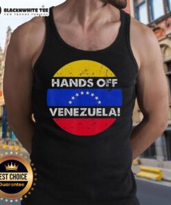 Retro tank top featuring 'I Stand With Hands Off Venezuela' design and flag in a circular graphic.