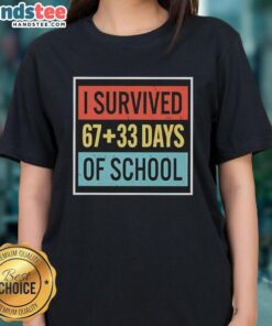 Top I Survived 6733 Days of School Ladies Tee featuring bold text on a stylish women's t-shirt design.