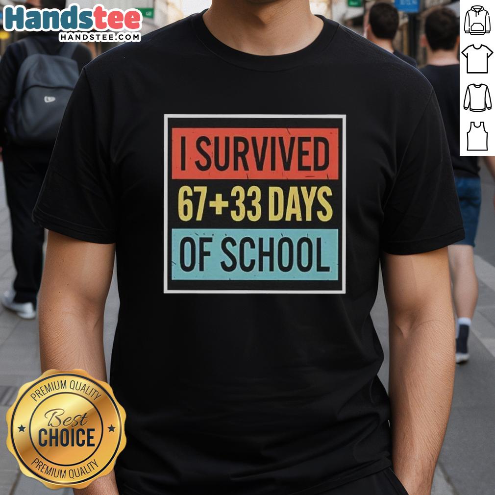 top-i-survived-6733-days-of-school-t-shirt Alt Text: Top I Survived 67+33 Days Of School T-Shirt featuring a fun design for students celebrating school achievements.