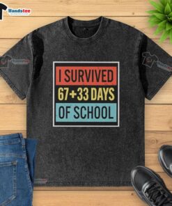 Alt Text: Top I Survived 6733 Days of School washed t-shirt displayed on a hanger, showcasing a fun academic milestone design.