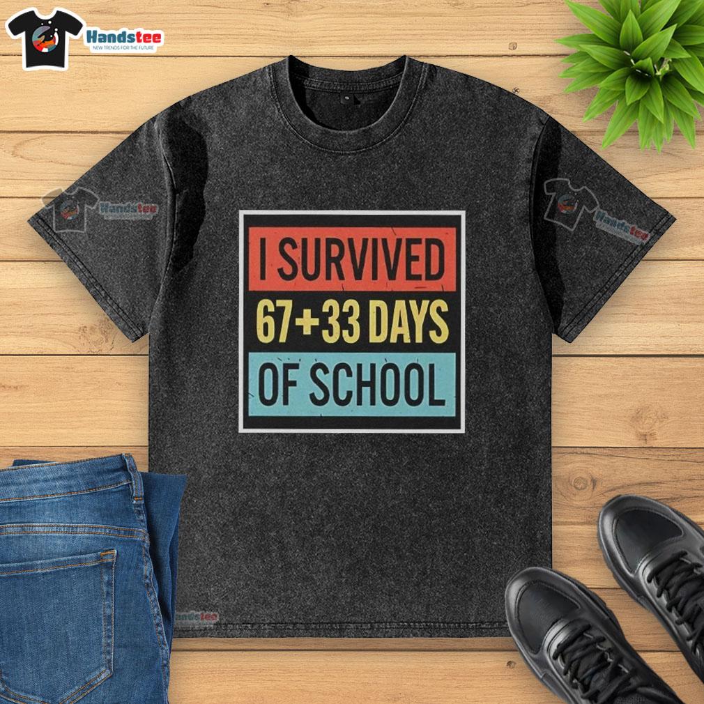 top-i-survived-6733-days-of-school-washed-t-shirt Alt Text: Top I Survived 6733 Days of School washed t-shirt displayed on a hanger, showcasing a fun academic milestone design.