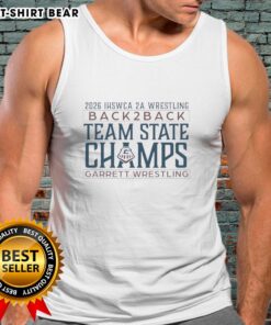 Garrett Wrestling Tank Top featuring 'Top IHSWCA 2A Wrestling Back2Back Team State Champs' design, perfect for fans.