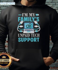 Top Im My Family's Unpaid Tech Support Hoodie on a desk with a laptop, showcasing a humorous take on computer engineering.