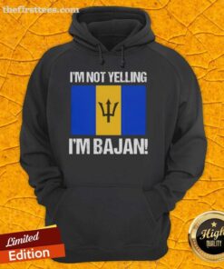 Top Im Not Yelling Im Bajan Flag Hoodie featuring vibrant Barbados flag design, perfect for proud Bajan culture enthusiasts.