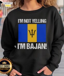 Alt Text: Bajan flag sweatshirt with the phrase 'I'm Not Yelling, I'm Bajan' showcasing vibrant colors and cultural pride.